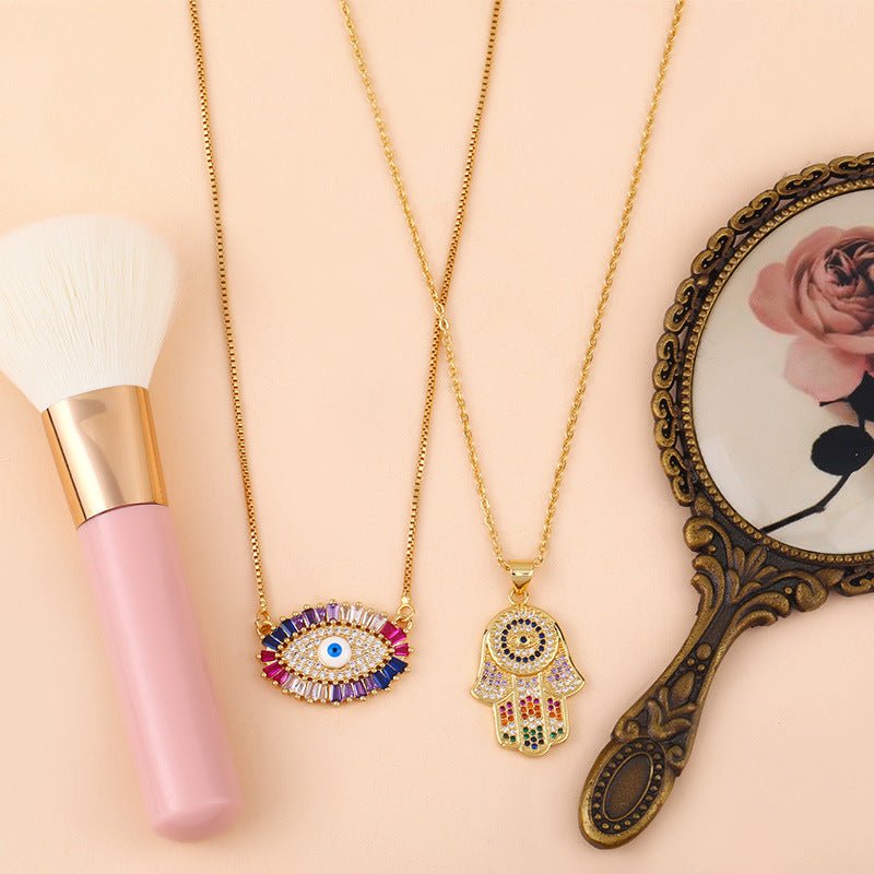 Colorful Rainbow Hamsa Hand of Fatima and Evil Eye Necklace