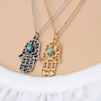 Hamsa Hand With Evil Eye Necklace - Gold or Silver