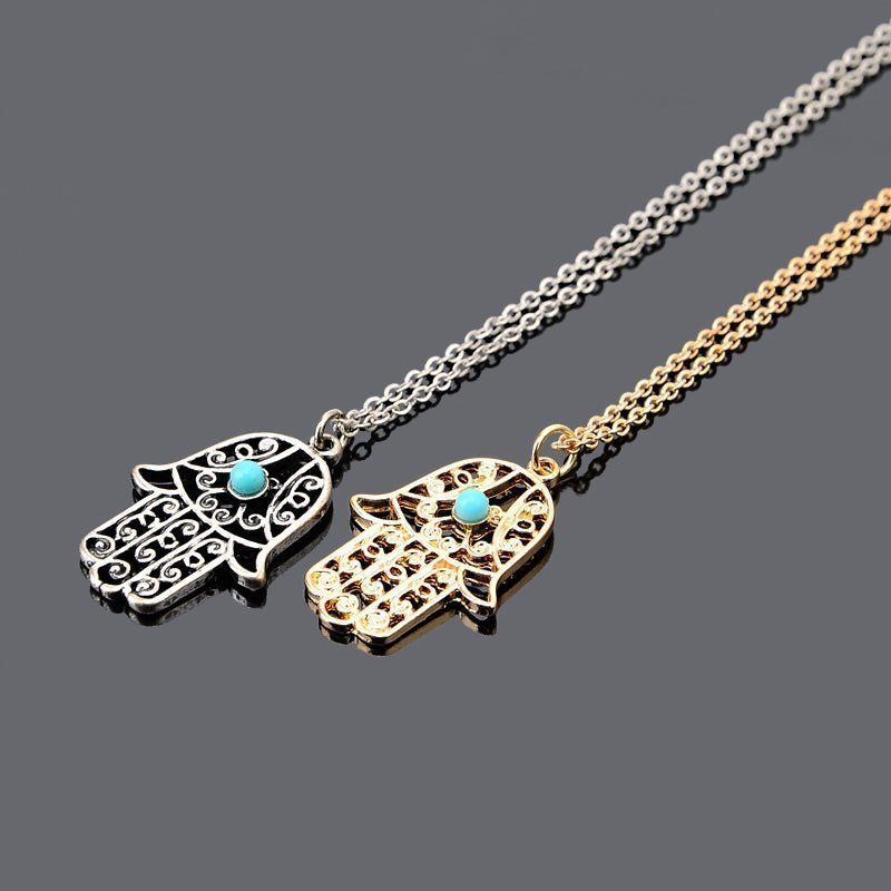 Hamsa Hand With Evil Eye Necklace - Gold or Silver