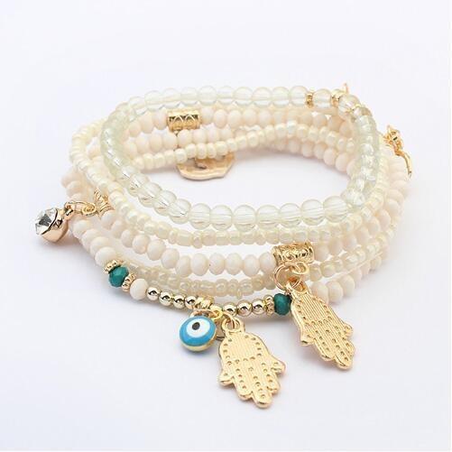 Multilayer Hamsa Charm Beaded Evil Eye Bracelet with Butterfly Detail