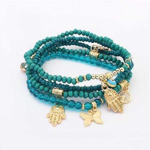 Multilayer Hamsa Charm Beaded Evil Eye Bracelet with Butterfly Detail