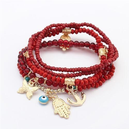 Multilayer Hamsa Charm Beaded Evil Eye Bracelet with Butterfly Detail