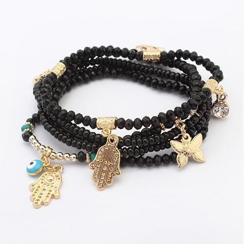 Multilayer Hamsa Charm Beaded Evil Eye Bracelet with Butterfly Detail